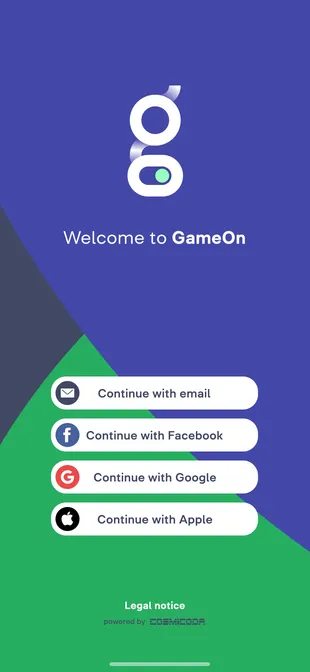 GameOn app screen: One tap registration