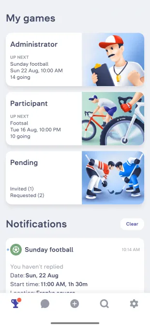 GameOn app screen: Games administration and participation