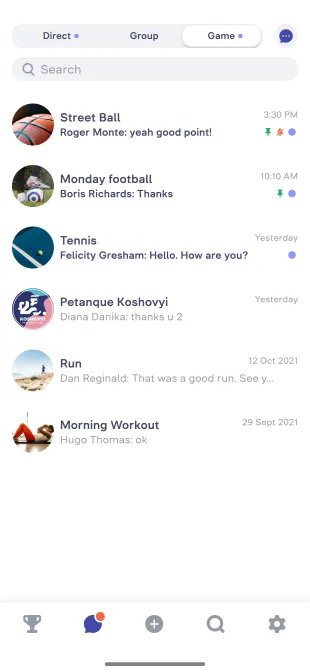 GameOn app screen: Stay in touch with participants. Direct, Group and Game chats
