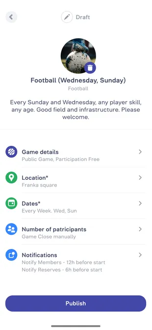 GameOn app screen: Create and invite friends to your games