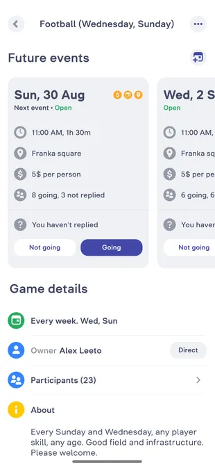 GameOn app screen: Easy access to every event of the games