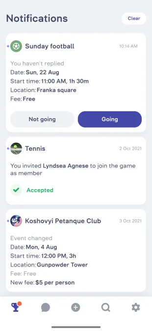 GameOn app screen: Don't miss any games activities